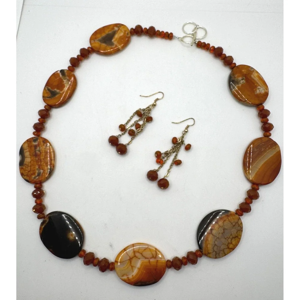 Fire Agate Chunky Beaded Necklace and Dangle Earrings Set Orange Brown Boho